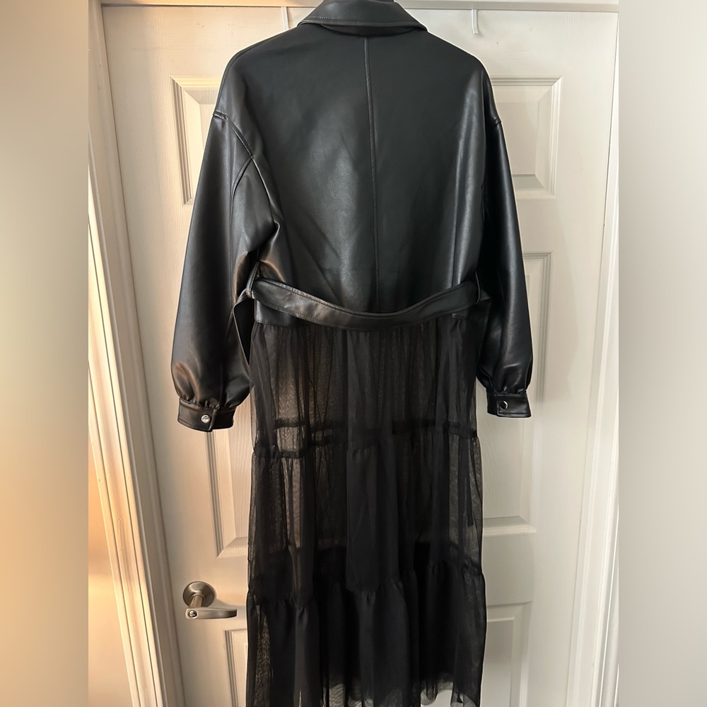 AKIRA Faux Leather & Sheer Chiffon Trench Coat Dress Black Sz S Edgy Gothic - Picture 12 of 12